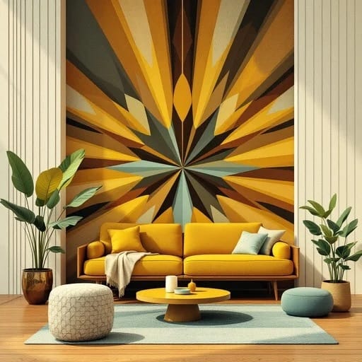 Colorful Mid‑Century Modern living room with retro furnishings and layered textiles
