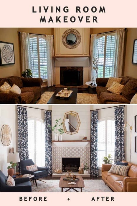 Before-and-after living room design showing transformation from plan to reality.